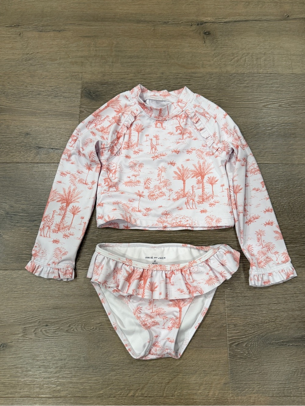 Janie & Jack Rashguard Shirt & Bottoms Ruffle Swimsuit Safari Animals Pink White